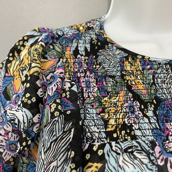 Floral Blouse Sheer Long Sleeve FLAWED Shirred Smocked Ruffles Blue Long Sleeve - Picture 11 of 15